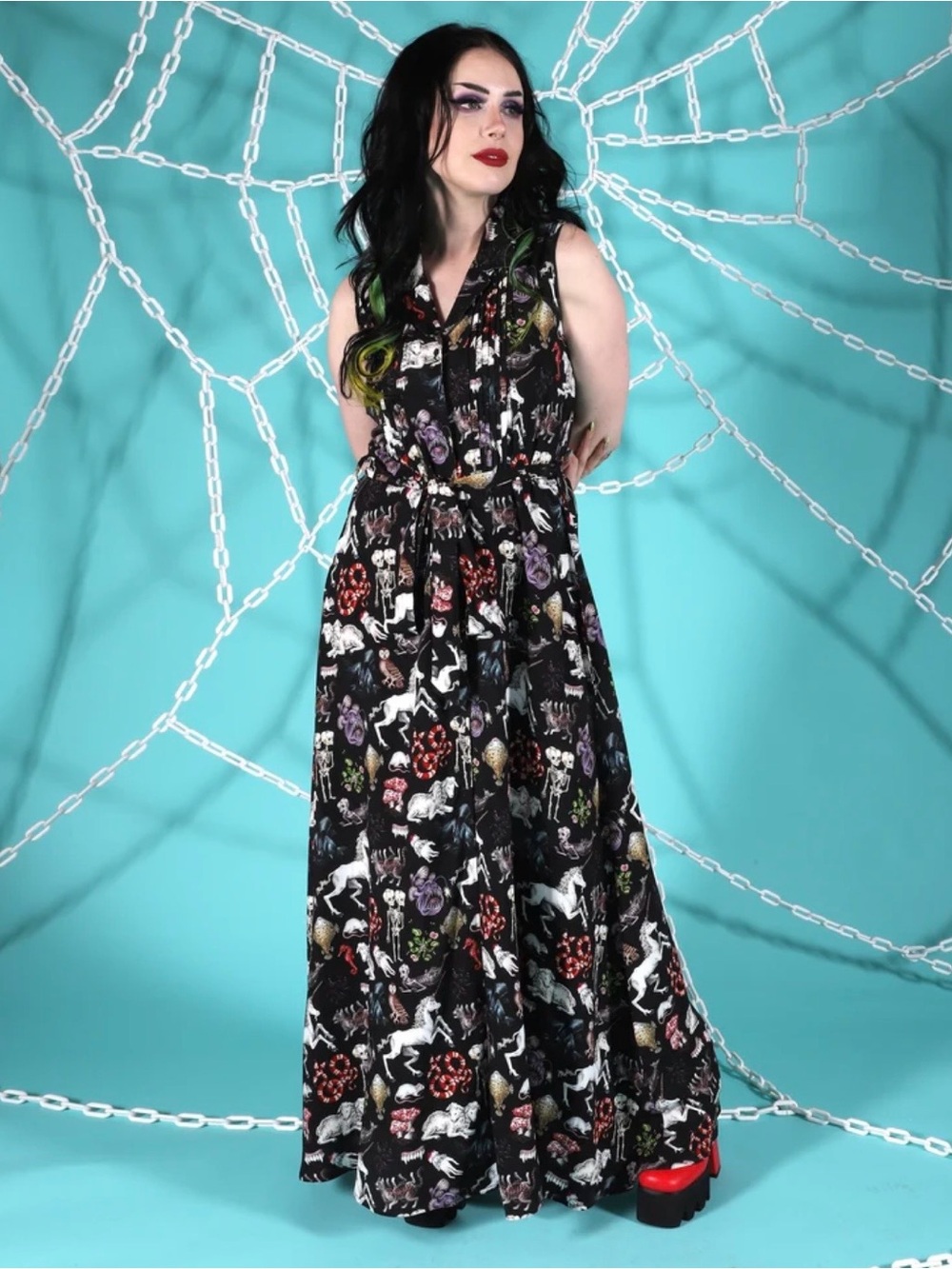 Pretty Snake Black Floral & Unicorn Maxi Dress with pockets.